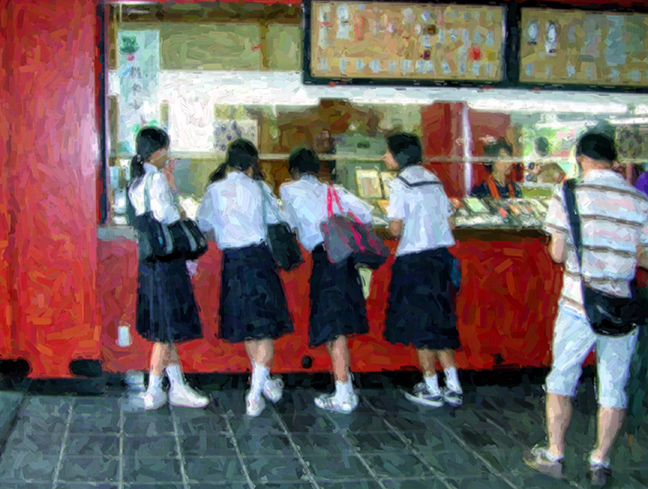 Japanese Girls Getting Bento Lunch Tokyo